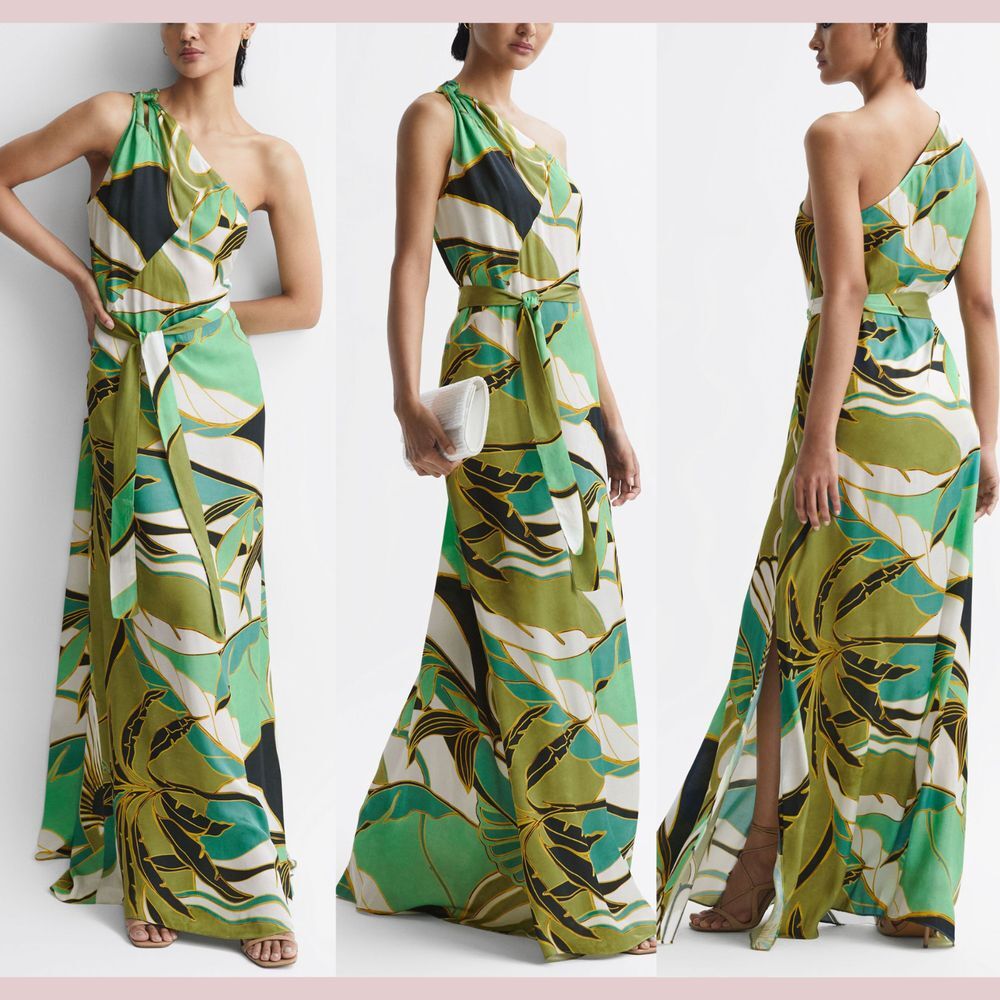 NWD‎ $400 Reiss [ 4 ] Tina Palm One-Shoulder Maxi Dress Green MISSING BELT Green